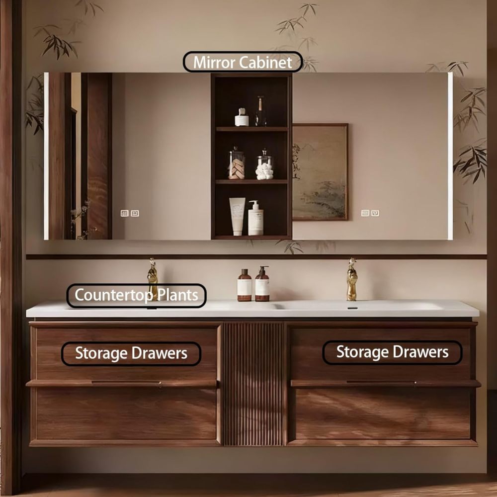 80IN Bathroom Vanity with Sink - Modern Double Floating Sink Design with Smart Defog Mirror, Solid Wood Bathroom Vanity Cabinet, Sizes Customizable - Complete Accessories, Mirror Cabinet