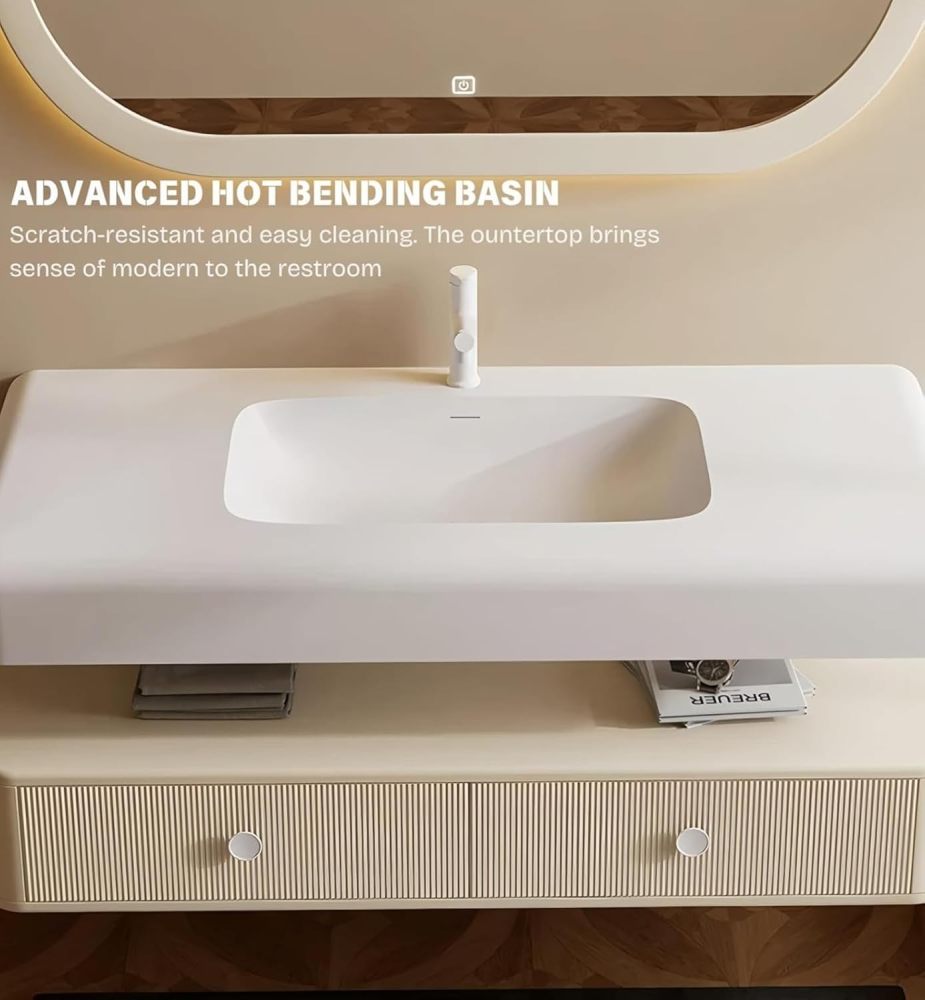 94 inch Wall-Mount Bathroom Sink Vanity - Floating Bathroom Vanity with LED Smart Defog Mirror Cabinet, Solid Wood, Seamless Countertop, Striped Drawers, Include Accessories, Apricot