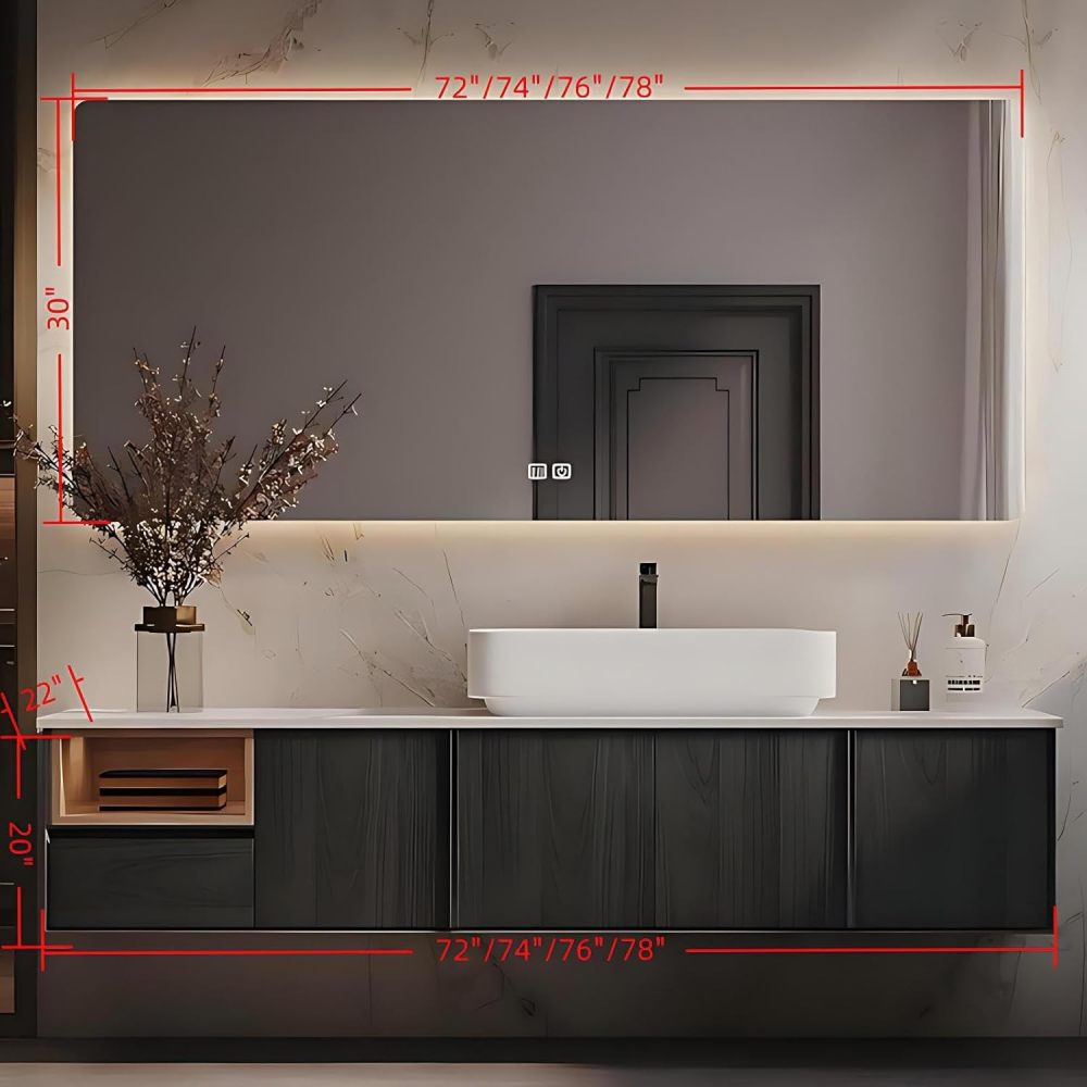 72 inch Bathroom Vanity with Sink - Floating Bathroom Vanity with Smart Defogging Mirror, Countertop Basin, Two Drawers, Open Storage Compartment, Include Accessories, Black B