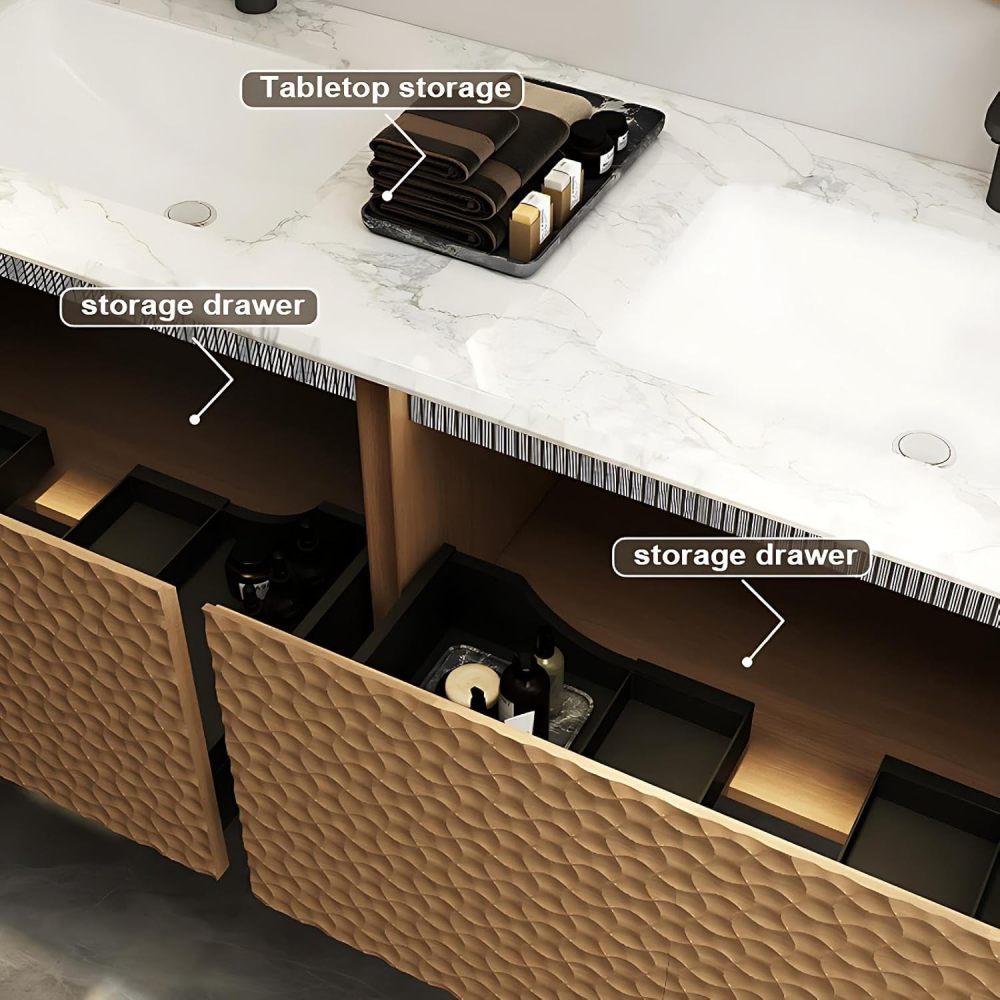 104IN Bathroom Vanity with Sink - Modern Floating Vanity with Two Drawers, Solid Wood Bathroom Sink Cabinet, Intelligent Defogging, Customizable Sizes - Complete Accessories, Brown