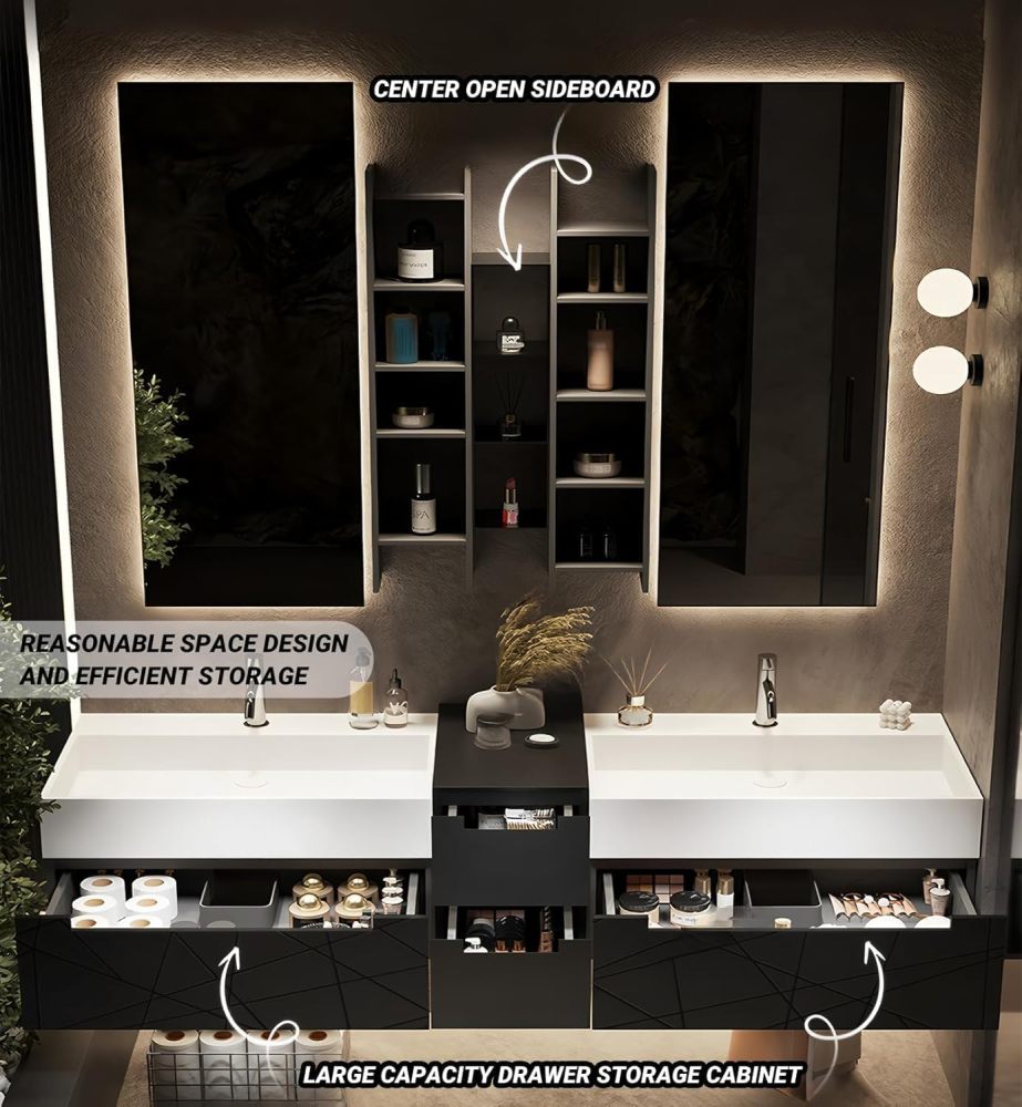 68IN Double Bathroom Vanity with Sink - Modern Bathroom Vanity Set with LED Smart Defogging Mirror and Open Storage Cabinet, Solid Wood, Complete Accessorie, Dark Grey
