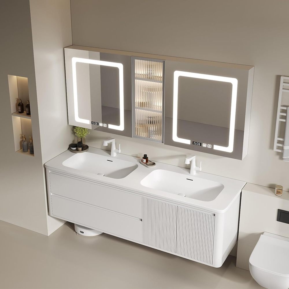 92IN Solid Wood Bathroom Vanity with Sink - Single Floating Sink Design, Retro Bathroom Vanity Cabinet with Smart Defog Mirror & Seamless Stone Sink& Ample Storage - Customizable Sizes