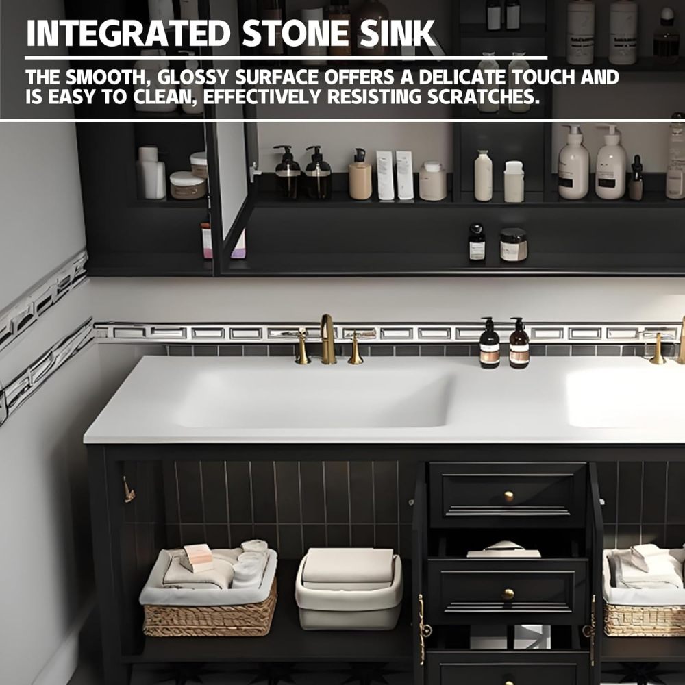 96IN Solid Wood Bathroom Vanity with Sink - Modern Floating Sink Cabinet with Smart Defog Mirror & Integrated Stone Waterproof Sink, Silent Drawer - Customizable Sizes, Mirror