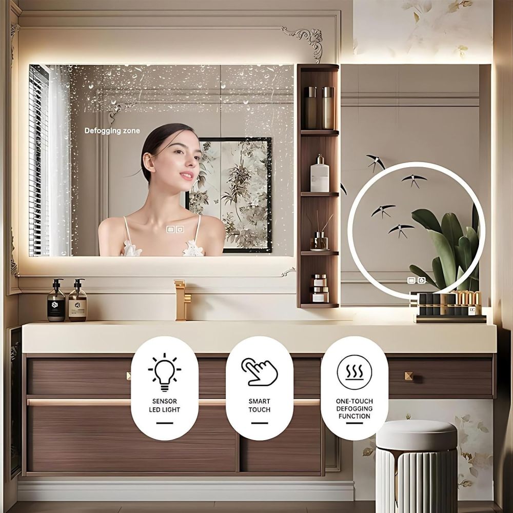 104IN Bathroom Vanity - Single Sink Bathroom Vanity with Makeup Table, Defog Mirror Cabinet and Open Shelf, Solid Wood Bath Sink Cabinet, Complete Accessorie, Includes Makeup Stool, Wood A