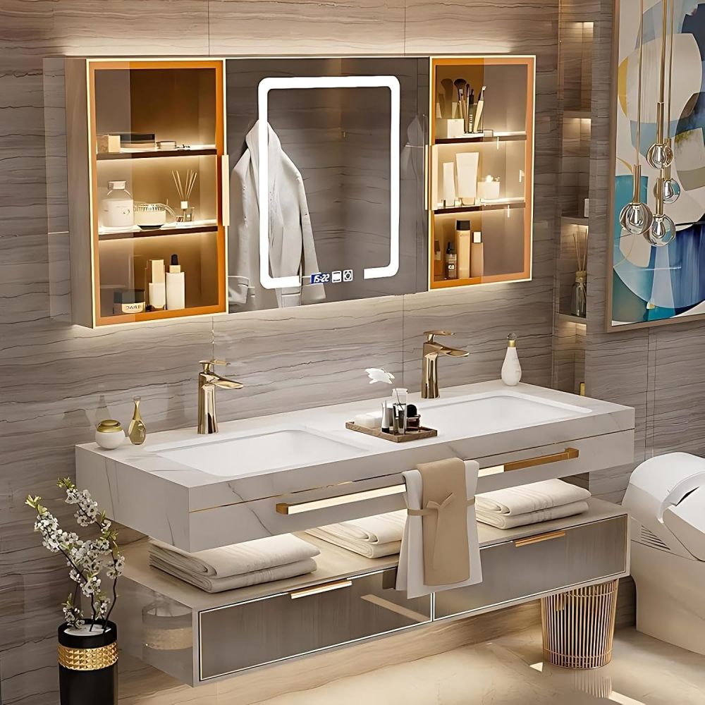 78IN Double Sink Bathroom Vanity - Luxury Double Sink with LED Smart Defog Mirror Cabinet, Soft-Close Large Drawers, Open Storage Shelves, Complete Accessorie, Wood