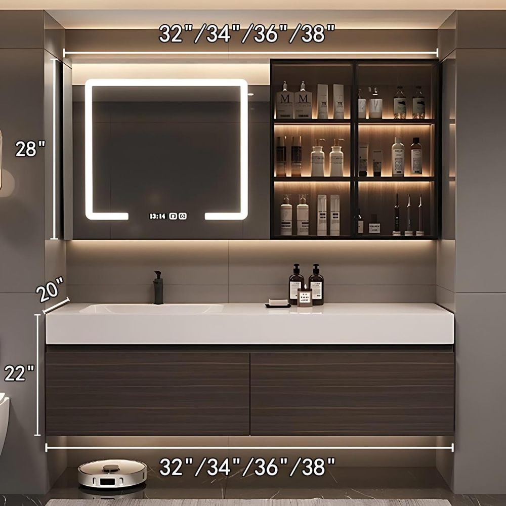 34IN Bathroom Vanity with Sink - Solid Wood Bathroom Vanity with 2 Large Capacity Drawers, Floating Sink Cabinet with Smart Defog Mirror, Customizable Size, No Assembly Required, Wood