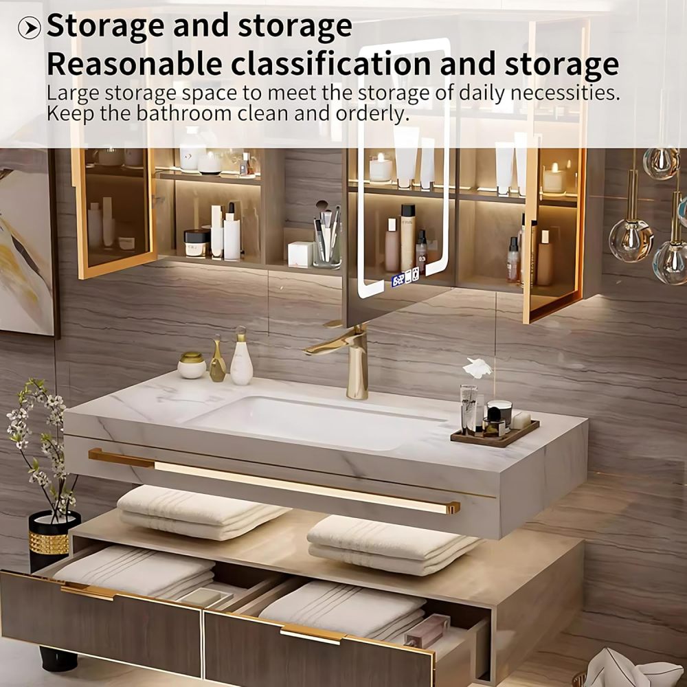 Bathroom Vanity with Sink - Single/Double Sink Bathroom Vanity & LED Fog Removal Mirror Cabinet, Modern Design, Wall-Mounted Floating Vanity (Double Sink, 52“)