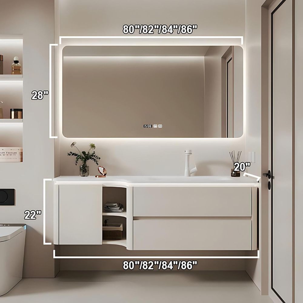 86IN Stylish Bathroom Vanity with Sink - Bathroom Vanity Cabinet with Smart Anti-Fog Mirror, Floating Vanity, Multi-Layer Solid Wood, Customizable Sizes - Complete Accessories Mirror
