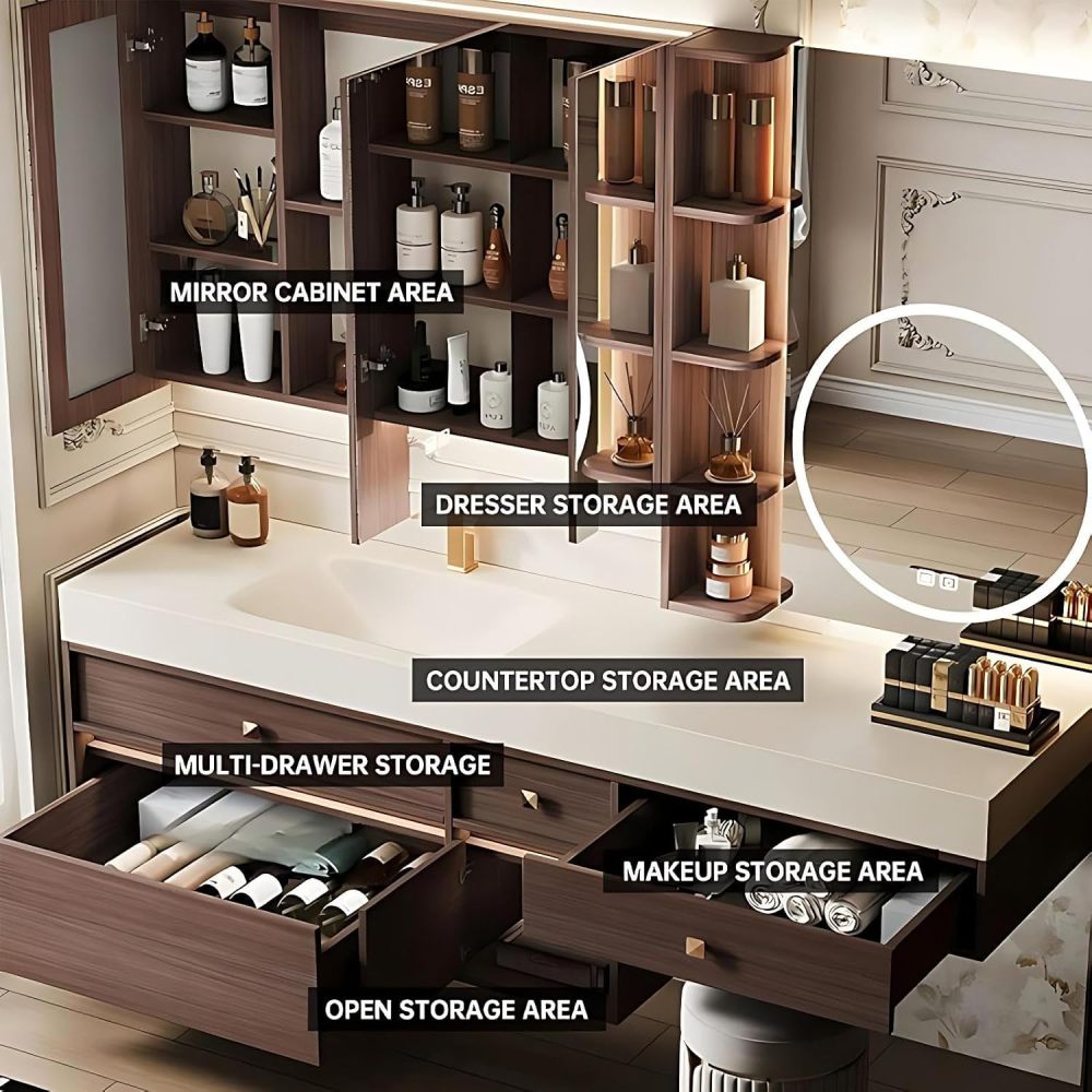 104IN Bathroom Vanity - Single Sink Bathroom Vanity with Makeup Table, Defog Mirror Cabinet and Open Shelf, Solid Wood Bath Sink Cabinet, Complete Accessorie, Includes Makeup Stool, Wood A