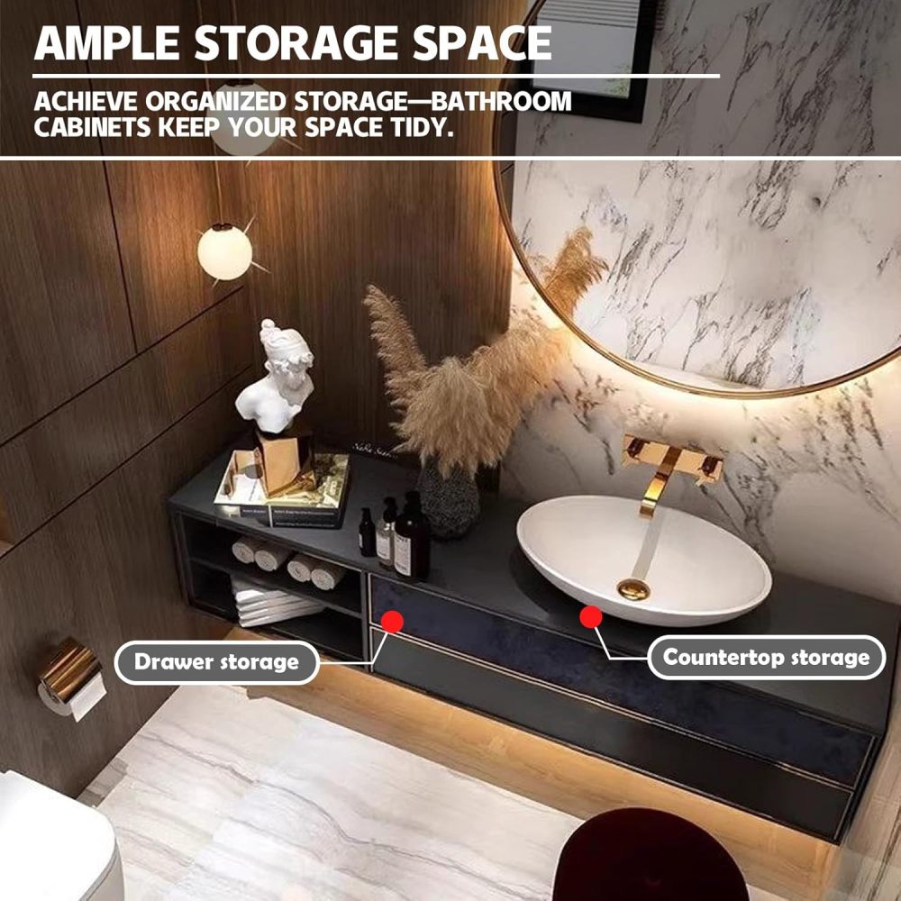 50IN Luxurious Bathroom Vanity with Sink - Single Floating Sink Design, Bathroom Vanity Cabinet with Smart Anti-Fog Mirror & Drawers, Waterproof & Customizable Sizes, Black