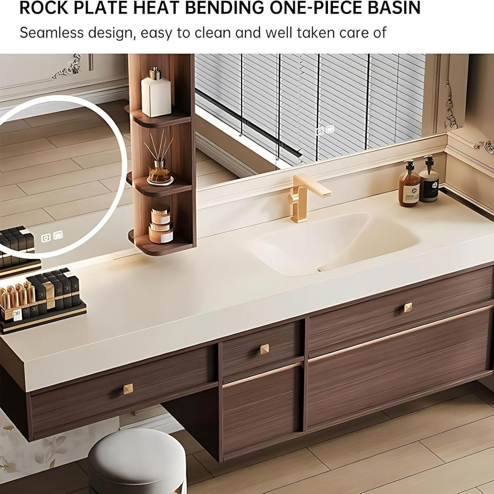 104IN Bathroom Vanity - Single Sink Bathroom Vanity with Makeup Table, Defog Mirror Cabinet and Open Shelf, Solid Wood Bath Sink Cabinet, Complete Accessorie, Includes Makeup Stool, Wood A