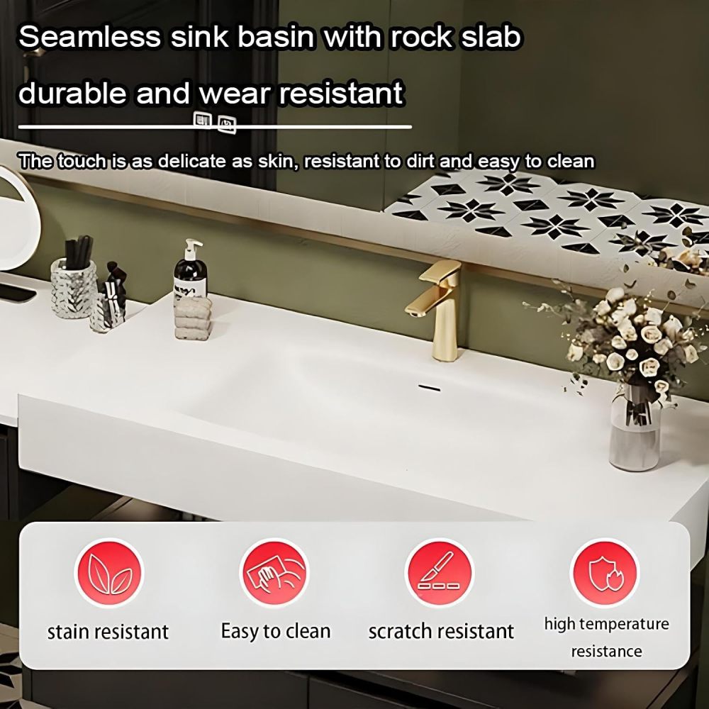 90IN Bathroom Vanity - Modern Bathroom Vanity with Smart Defog Mirror, Luxury Sink Cabinet with Multiple Storage Areas, Includes Makeup Stool, No Assembly Required
