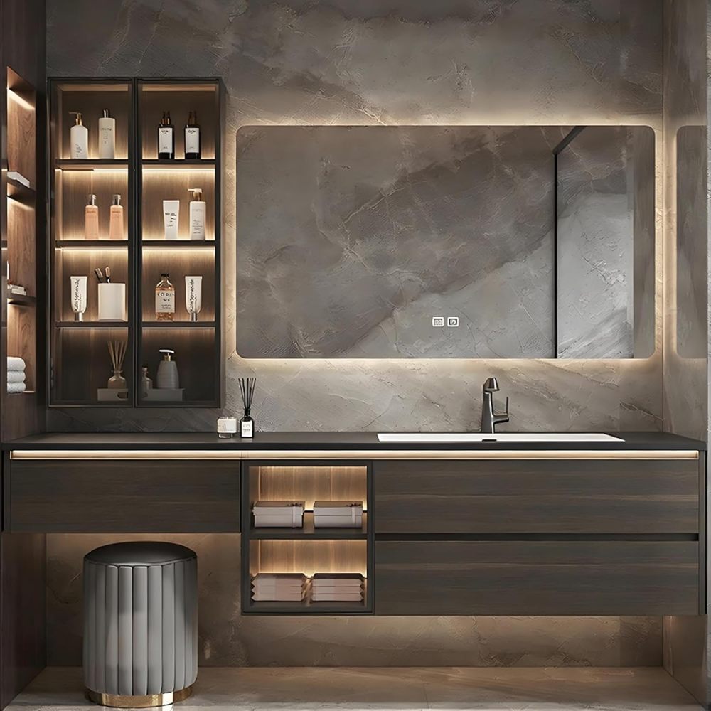 104IN Modern Solid Wood Bathroom Vanity with Sink - Wall-Mounted Floating Vanity Cabinet, Smart Anti-Fog Mirror, 3 Drawers & 1 Cabinet, Stylish Integrated Stone Sink for Bathroom, Mirror.1