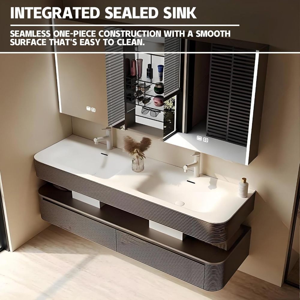 90IN Modern Solid Wood Bathroom Vanity with Sink - Stylish Wall-Mounted Vanity Cabinet with Smart Anti-Fog Mirror, Integrated Stone Sink, Ample Storage & Customizable Size, Brown
