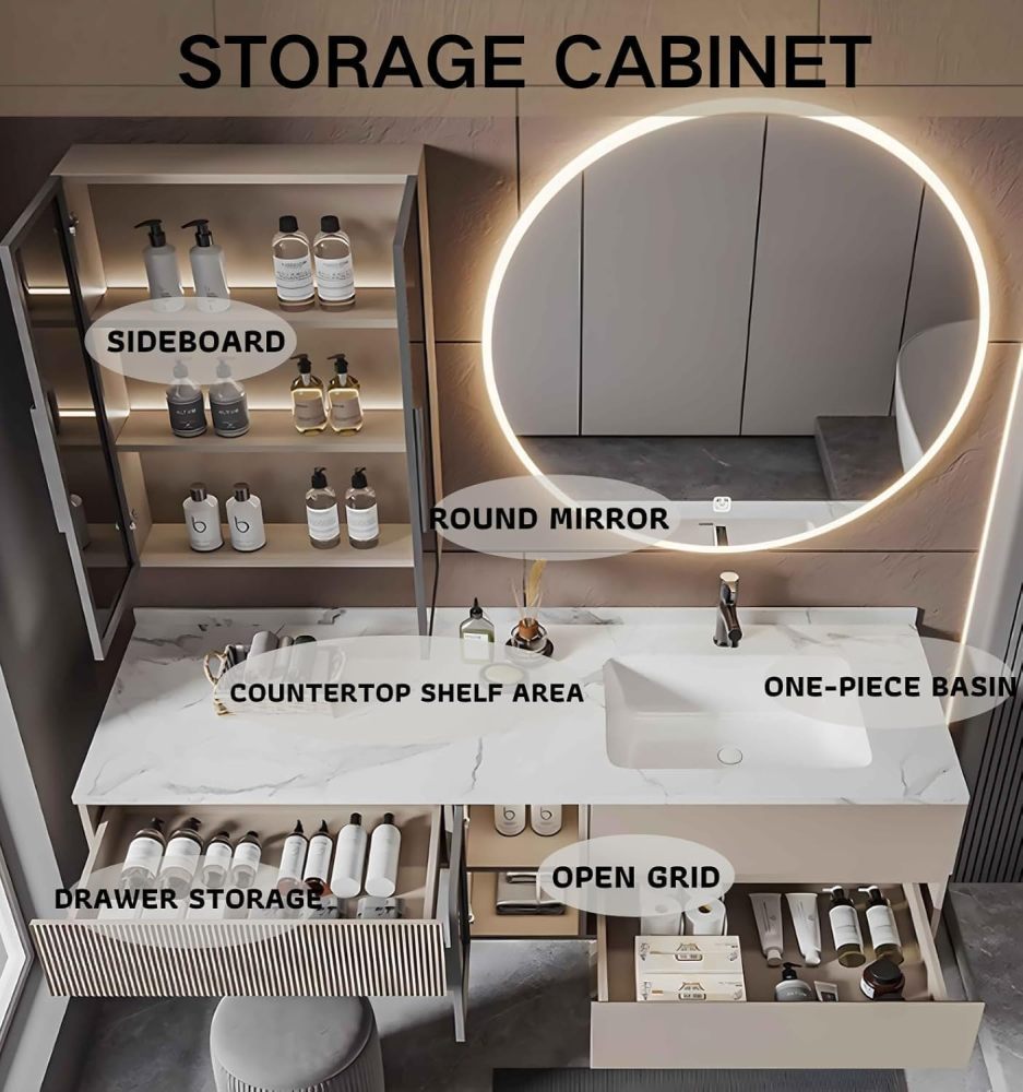 68IN Bathroom Vanity with Sink - Floating Vanity Set with Extended Makeup Table, Solid Wood Sink Cabinet and Round LED Mirror, Glass Side Cabinet, Includes Accessories, Gold
