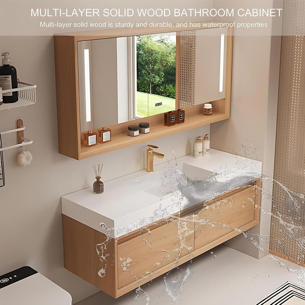92 inch Bathroom Vanity with Sink - Modern Bathroom Vanity Set Includes LED Smart Defogging Mirror Cabinet, Floating Vanities with One Piece Sink, Includes Accessories, Wood