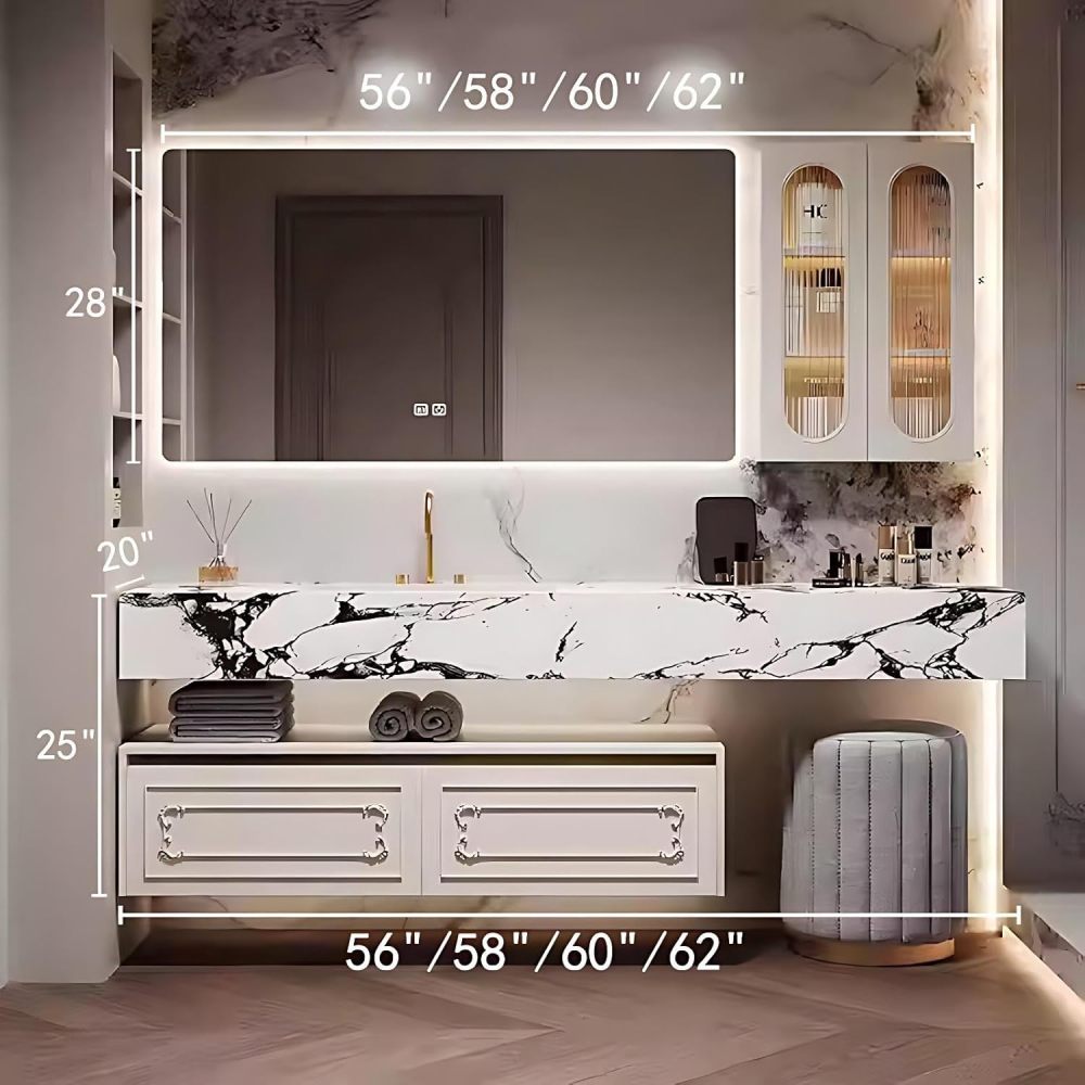60IN Double Sink Bathroom Vanity - Luxury Bathroom Vanity with Smart Defog Mirror, Floating Sink Cabinet with Multiple Storage Areas, Includes Makeup Stool, No Assembly Required