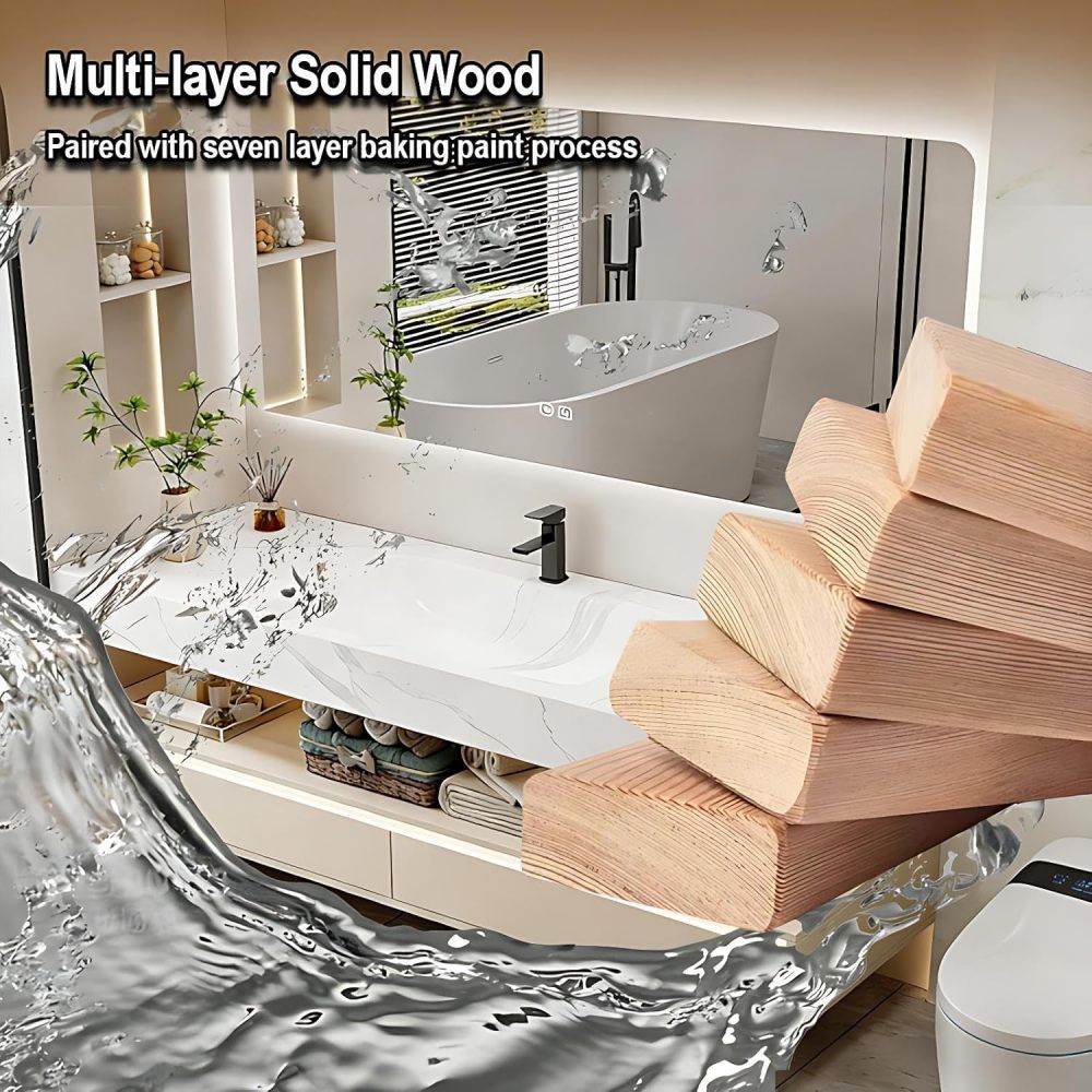 74IN Bathroom Vanity with Sink - Modern Floating Single Sink Vanity Cabinet & Defogger Mirror, One-Piece Sink Design, Solid Wood Waterproof, Motion-Sensitive Lighting, Customizable Sizes