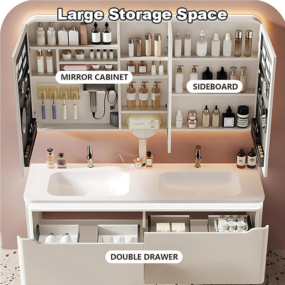 98IN Luxury Bathroom Vanity with Sink - Bathroom Vanity Cabinet with Storage, Double Floating Sink Design, Intelligent Defogging, Waterproof, Customizable Sizes - Easy to Install, White