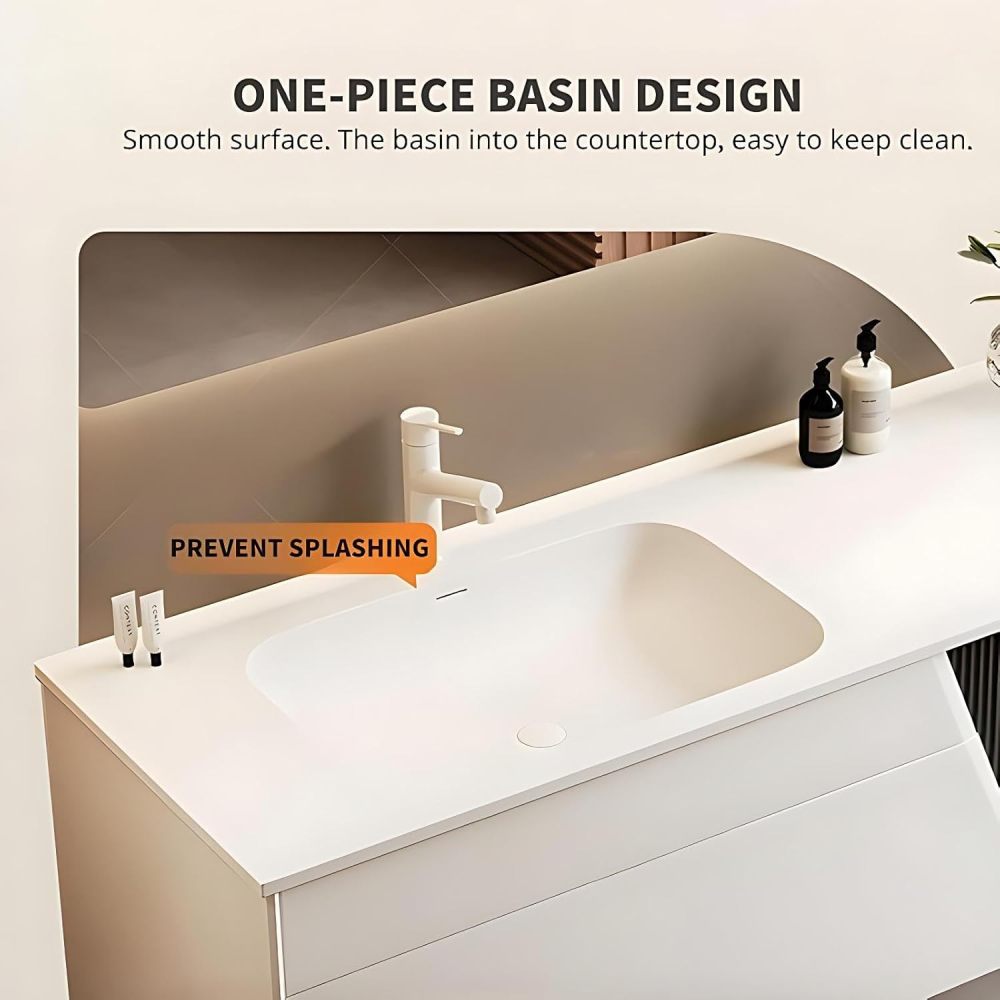 66IN Bathroom Vanity - Single Sink Vanity, Solid Wood, Striped Drawers, Includes Smart LED Mirror Cabinet and Storage Rack, Complete Accessorie, Fully Assembled, White