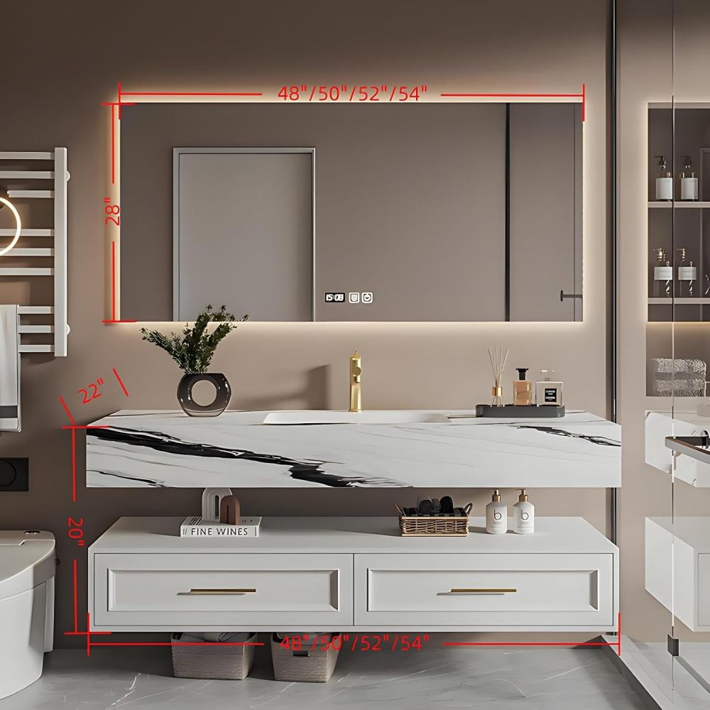 48IN Bathroom Vanity with Sink - Floating Vanity Sink Cabinet with Marble Countertop & Integrated Basin, Defog Mirror, Oak Solid Wood Vanity with Drawers, Includes Accessories, Marble White