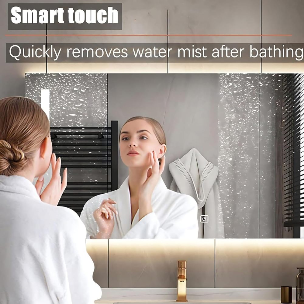 98IN Modern Solid Wood Bathroom Vanity with Sink - Stylish Bathroom Vanity Cabinet with Smart Anti-Fog Mirror, Integrated Stone Sink, Ample Storage & Customizable Sizes, Single Sink