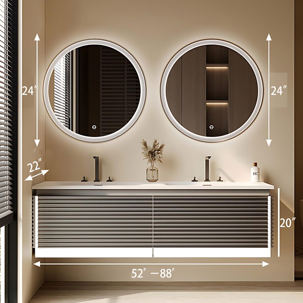 Modern Bathroom Vanity with Sink - Elegant Double Sink Bathroom Vanity Set, Wall-Mounted Bathroom Sink Cabinet with Intelligent LED Defog Mirror, Solid Wood Floating Vanity (88")
