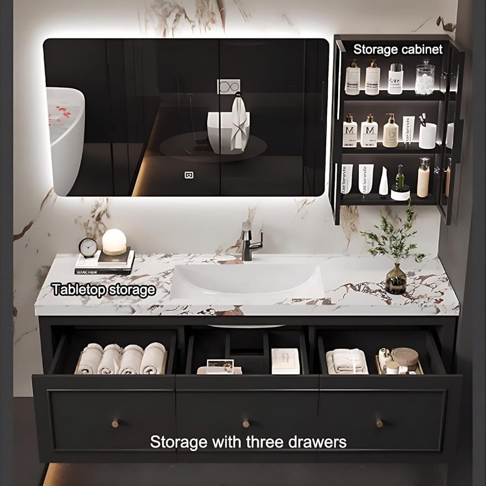 92IN Bathroom Vanity with Sink - Modern Bathroom Vanity with 3 Large Capacity Drawers, Solid Wood Sink Cabinet with Smart Defog Mirror, Customizable Size, No Assembly Required, Black