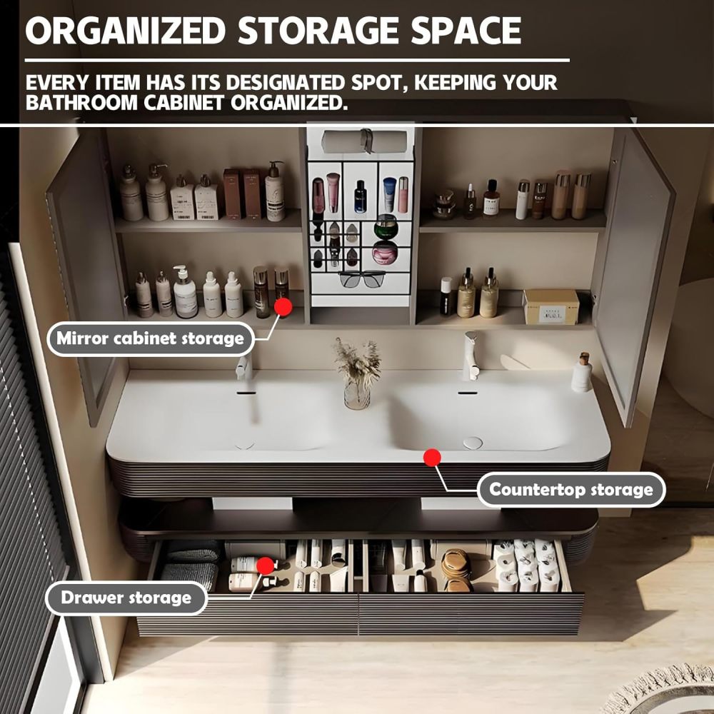 90IN Modern Solid Wood Bathroom Vanity with Sink - Stylish Wall-Mounted Vanity Cabinet with Smart Anti-Fog Mirror, Integrated Stone Sink, Ample Storage & Customizable Size, Brown