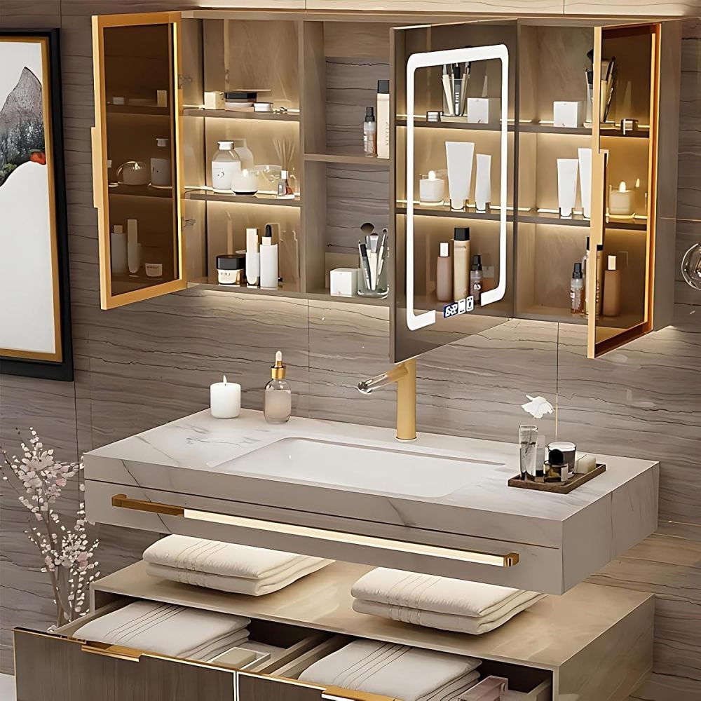 78IN Double Sink Bathroom Vanity - Luxury Double Sink with LED Smart Defog Mirror Cabinet, Soft-Close Large Drawers, Open Storage Shelves, Complete Accessorie, Wood