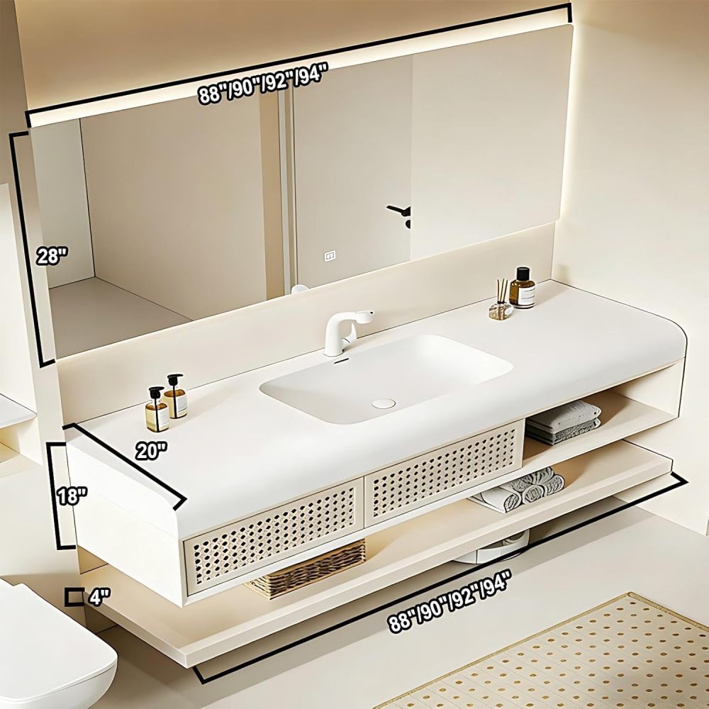 90IN Bathroom Vanity with Sink - Single Floating Sink, Solid Wood Bathroom Vanity Cabinet with Intelligent Defogging, Arc Angle, Dual Storage Drawer - Complete Accessories, White