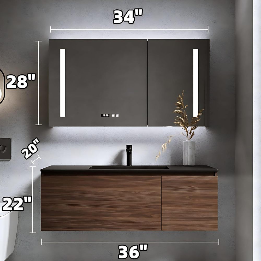 Modern Bathroom Vanity with Sink - Single/Double Sink Bathroom Vanity & Smart Defog Mirror Cabinet Set | Multi-Layer Solid Wood Material | Simple and Stylish Design (Single Sink, 36")