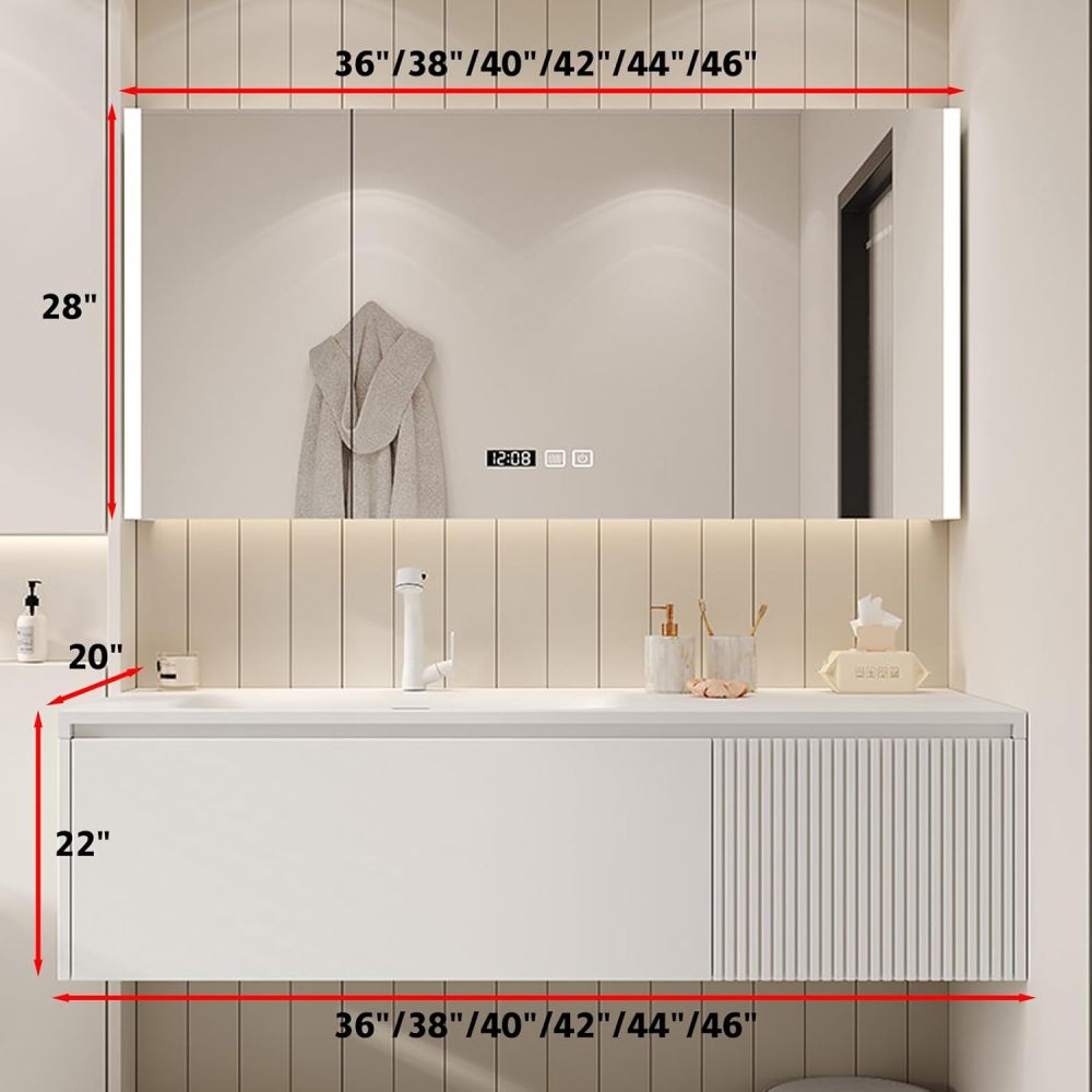 42IN Solid Wood Bathroom Vanity with Sink - Stylish Bathroom Vanity Cabinet with Smart Anti-Fog Mirror, Integrated Stone Sink, Single Floating Wall-Mounted, Customizable Size, White