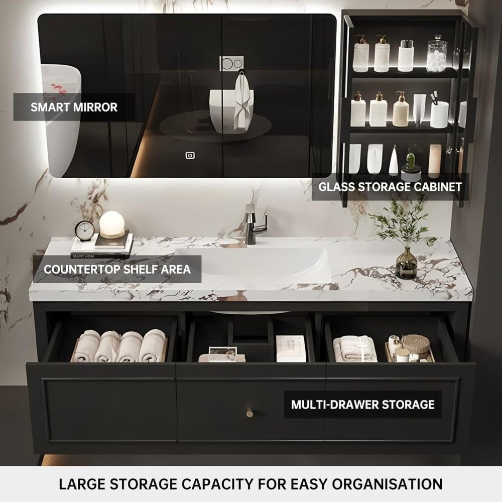 72 inch Bathroom Vanity - Bathroom Vanity with Smart LED Mirror & Glass Door Cabinet, Large Countertop and Integrated Basin, Includes Accessories, Black