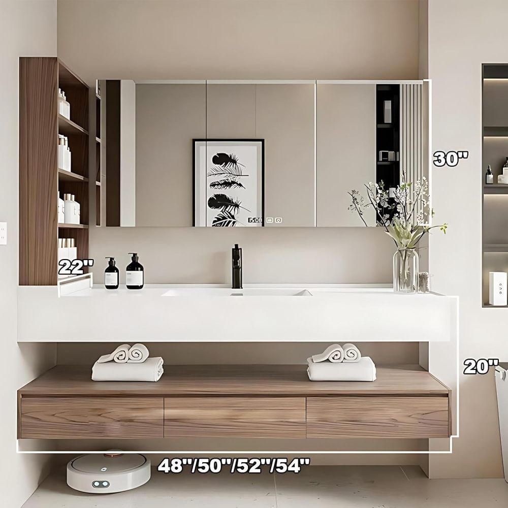 54 inch Bathroom Vanity - Bathroom Vanity with Single Sink, Smart Defogging Mirror Cabinet and Large Countertop, Soft-Close Drawers, Includes Accessories, Fully Assembled, White A