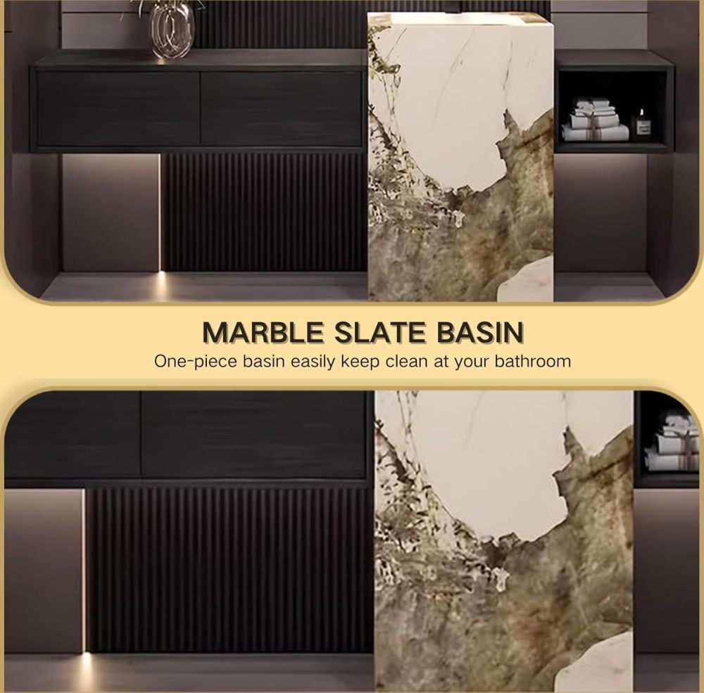 80IN Bathroom Vanity with Sink - Freestanding Bathroom Vanity with Marble Sink, Smart Defogger Round Mirror, Solid Wood, Unique Design, Open Shelves, Includes Accessories, Wood Shelf