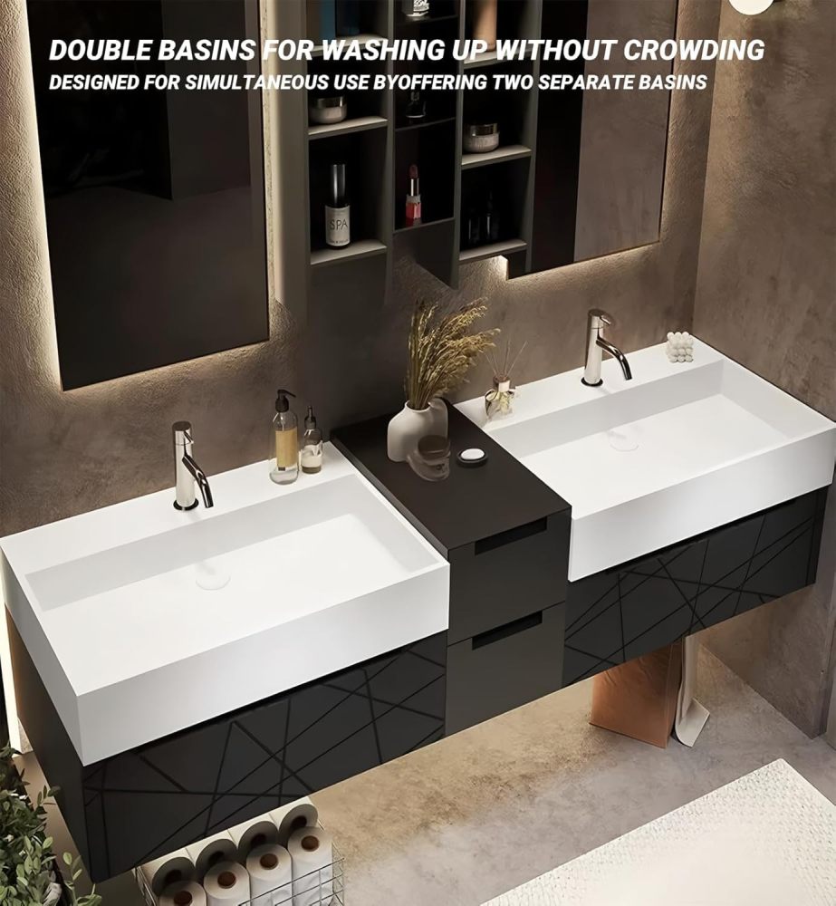 68IN Double Bathroom Vanity with Sink - Modern Bathroom Vanity Set with LED Smart Defogging Mirror and Open Storage Cabinet, Solid Wood, Complete Accessorie, Dark Grey