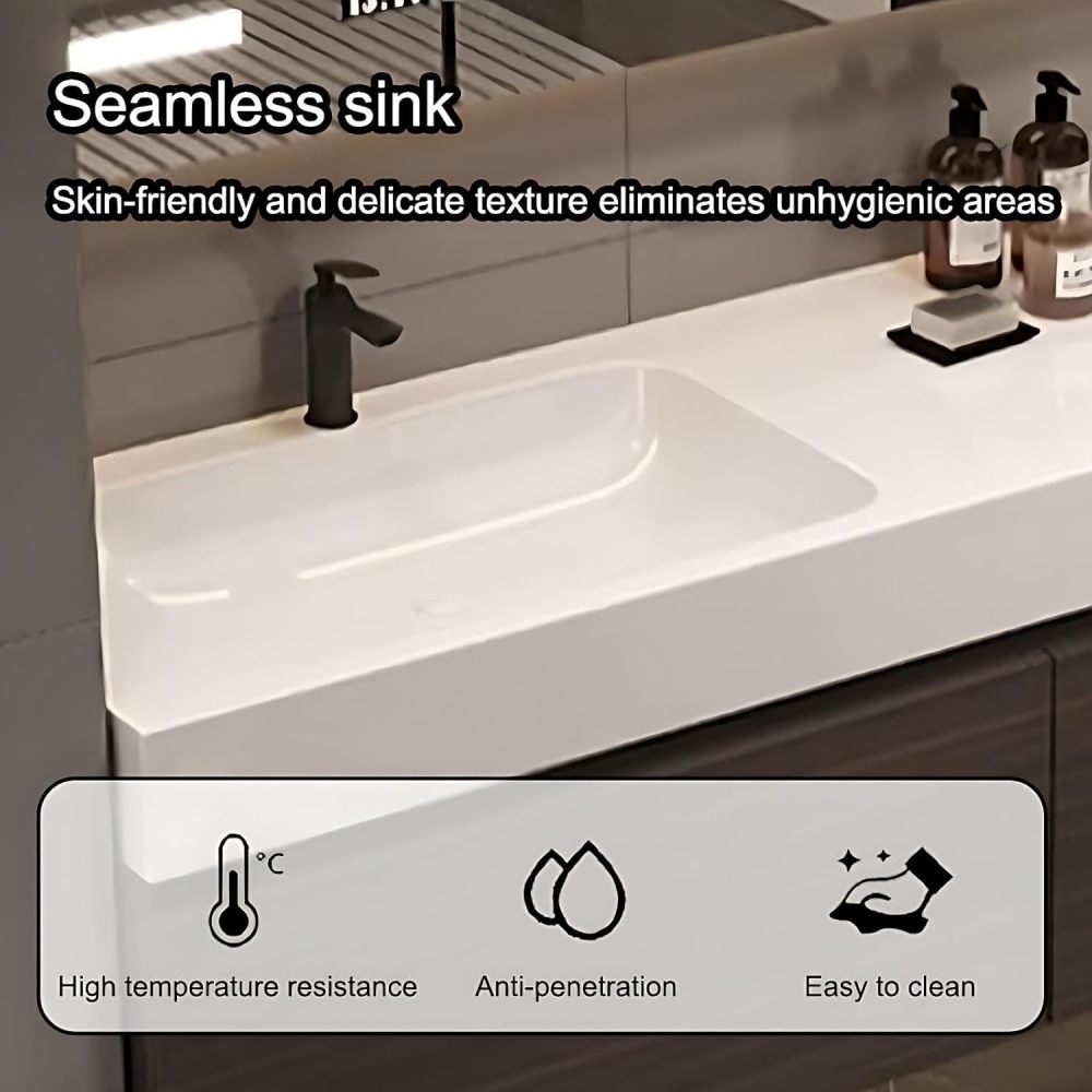 34IN Bathroom Vanity with Sink - Solid Wood Bathroom Vanity with 2 Large Capacity Drawers, Floating Sink Cabinet with Smart Defog Mirror, Customizable Size, No Assembly Required, Wood