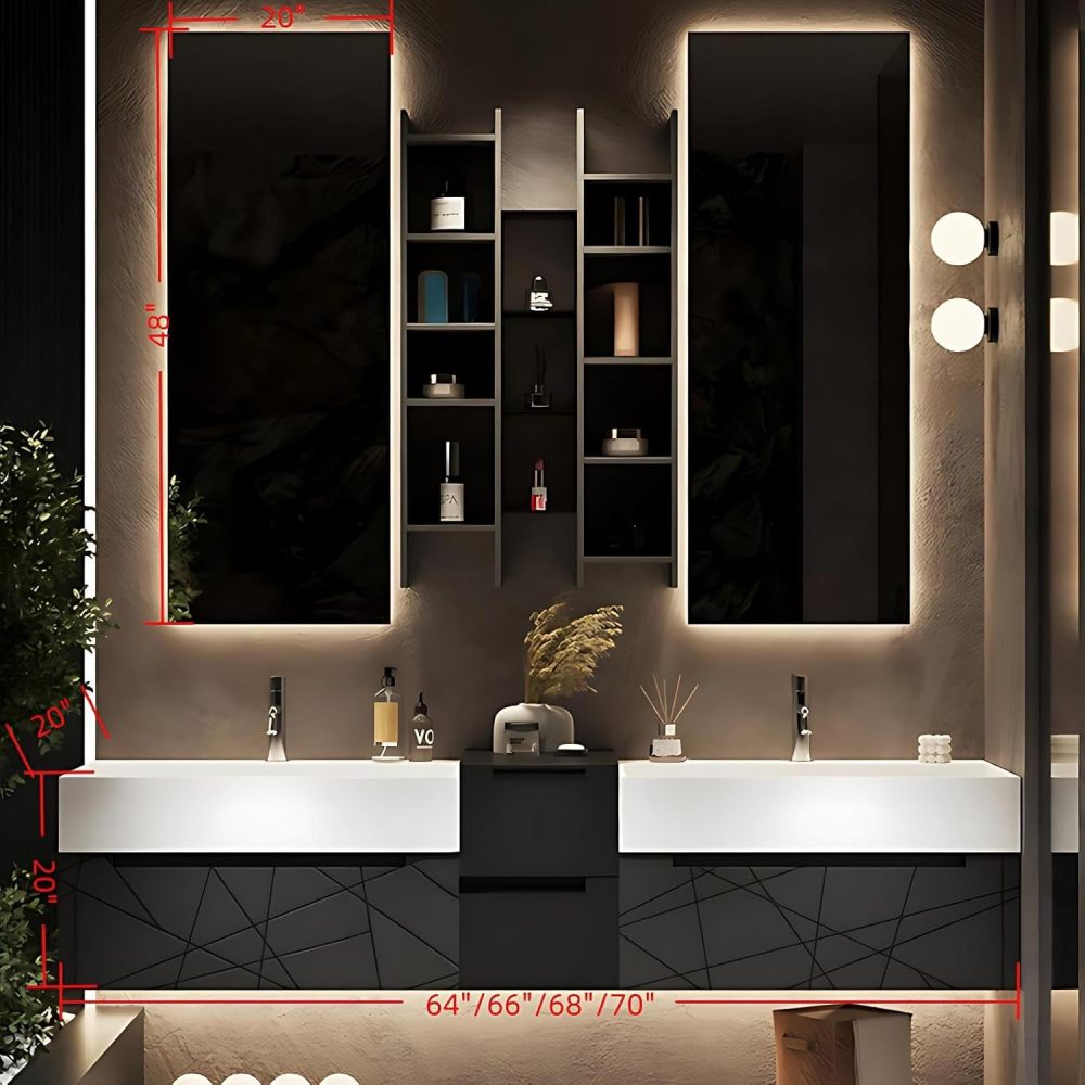 68IN Double Bathroom Vanity with Sink - Modern Bathroom Vanity Set with LED Smart Defogging Mirror and Open Storage Cabinet, Solid Wood, Complete Accessorie, Dark Grey