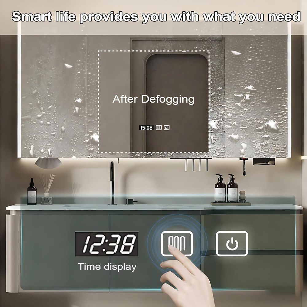 64IN Bathroom Vanity - Solid Wood Bathroom Vanity with Smart Defogging Mirror, Floating Sink Cabinet with Multiple Storage Areas & Seamless Sink, No Assembly Required