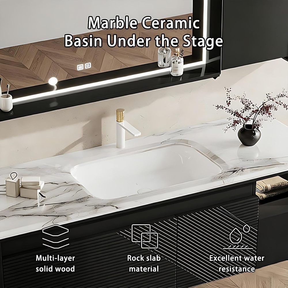 40IN Bathroom Vanity - Modern Bathroom Vanity with Seamless Sink and Smart Defog Mirror, Solid Wood Floating Sink with Multiple Storage Areas, Complete Accessories, Black