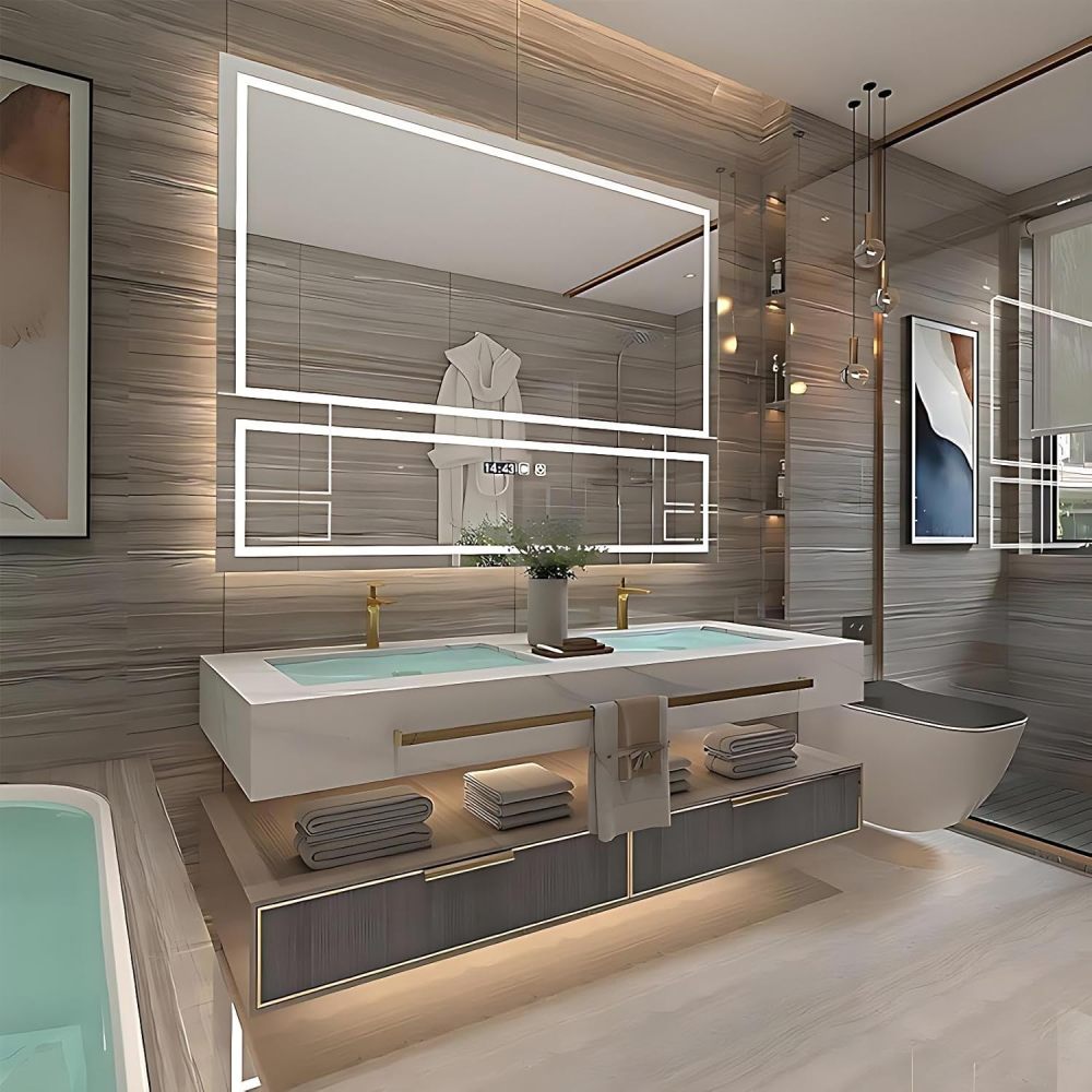 70IN Bathroom Vanity with Sink - Bathroom Vanity with LED Smart Defog Mirror Cabinet, Stylish Wall Mounted Design, Gold Handle, Large Storage Drawer, Complete Accessorie, Wood