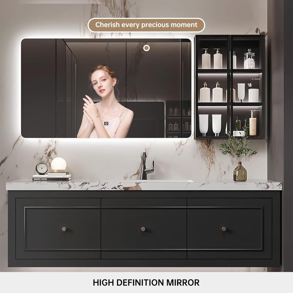 72 inch Bathroom Vanity - Bathroom Vanity with Smart LED Mirror & Glass Door Cabinet, Large Countertop and Integrated Basin, Includes Accessories, Black