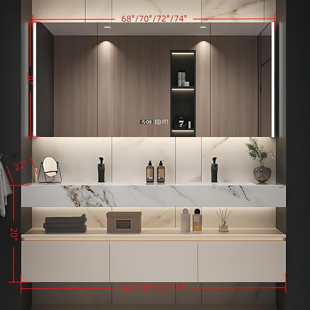 56IN Double Sink Bathroom Vanity - Modern Seamless Sink Set, LED Smart Defogger Mirror, Open Storage, Integrated Countertop Design, Includes Accessories, Milk White