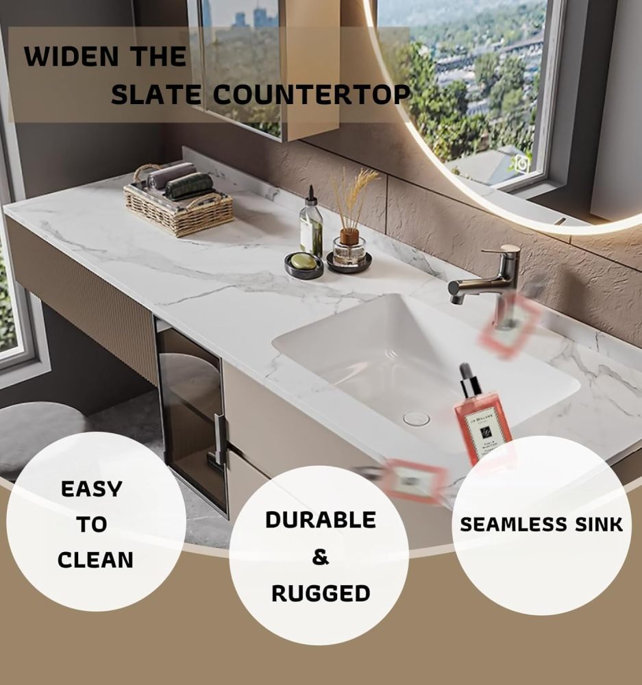 68IN Bathroom Vanity with Sink - Floating Vanity Set with Extended Makeup Table, Solid Wood Sink Cabinet and Round LED Mirror, Glass Side Cabinet, Includes Accessories, Gold