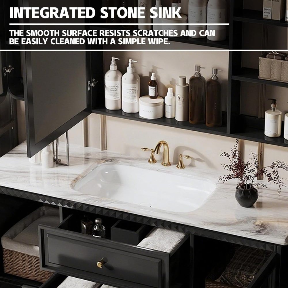 74IN Modern Solid Wood Bathroom Vanity with Sink - Single Floating Sink Design, Bathroom Vanity Cabinet with Smart Anti-Fog Mirror, One-Piece Stone Sink, Quiet Drawers, Gray