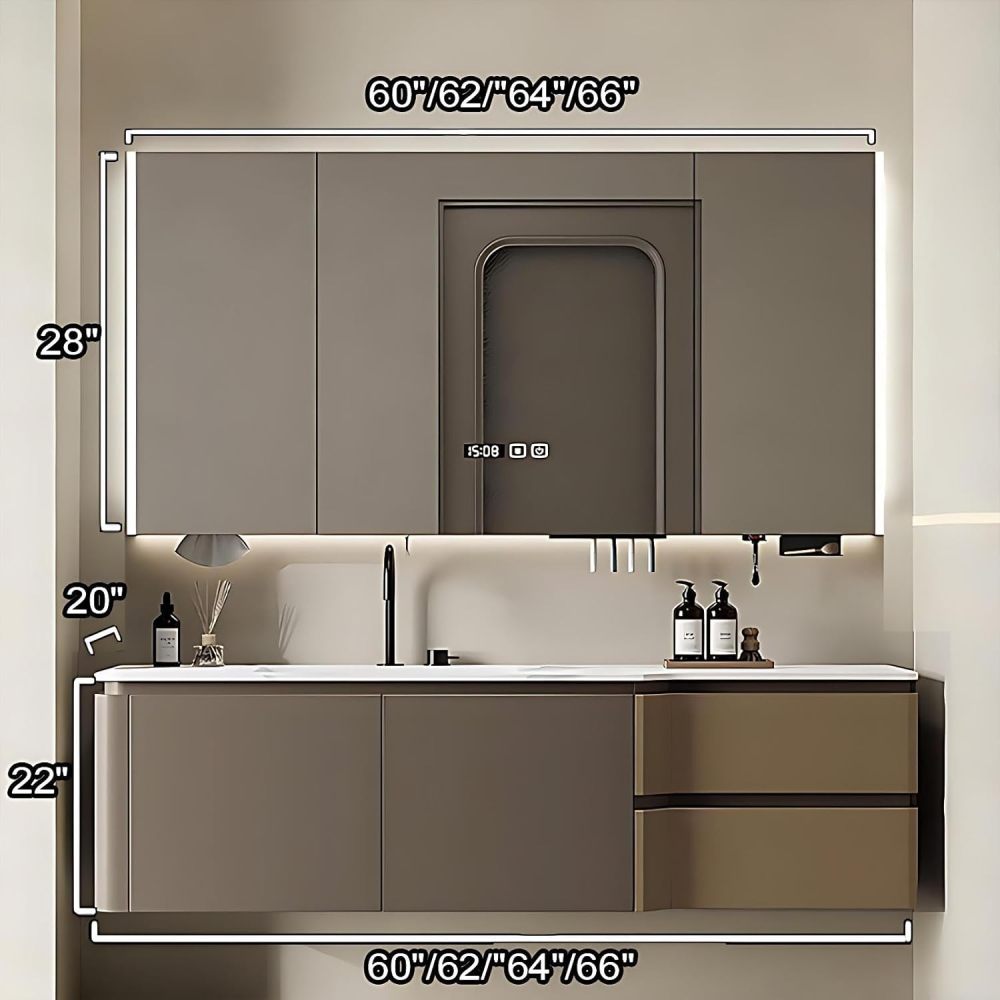 64IN Bathroom Vanity - Solid Wood Bathroom Vanity with Smart Defogging Mirror, Floating Sink Cabinet with Multiple Storage Areas & Seamless Sink, No Assembly Required