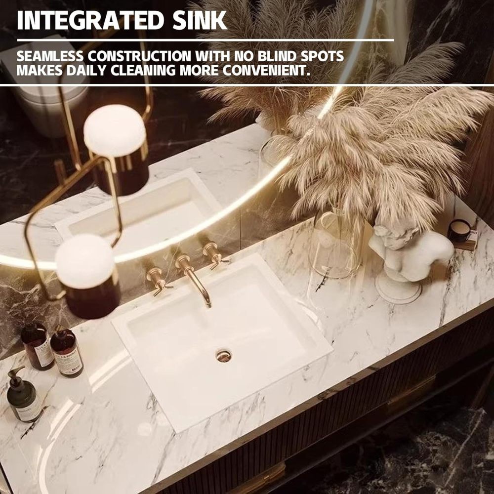 104IN Solid Wood Bathroom Vanity with Sink - Retro Single Floating Sink, Bathroom Vanity Cabinet with Smart Anti-Fog Mirror & Seamless Stone Sink - Customizable Sizes, Brown