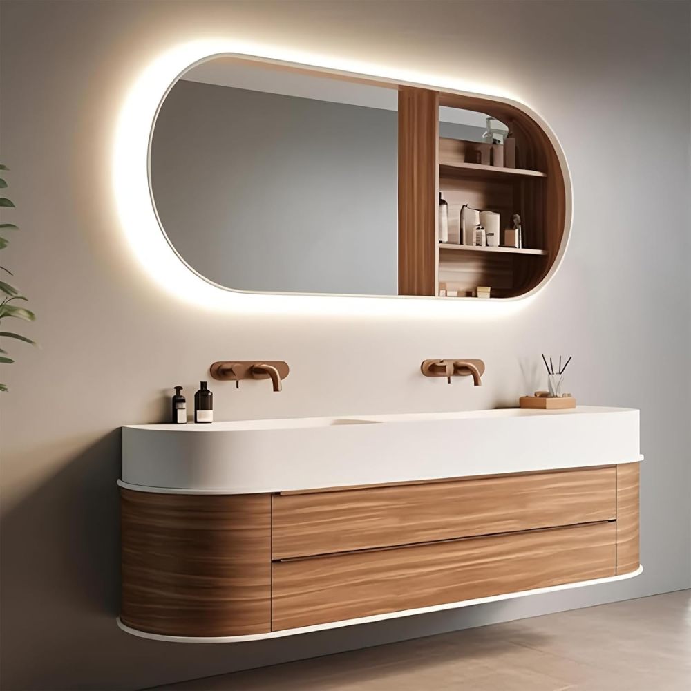 72 inch Double Sink Bathroom Vanity - Bathroom Vanity Set with LED Defogging Mirror, Floating Sink Cabinet and Modern Sensor Light, Soft Closing Drawers, Includes Accessories, Walnut