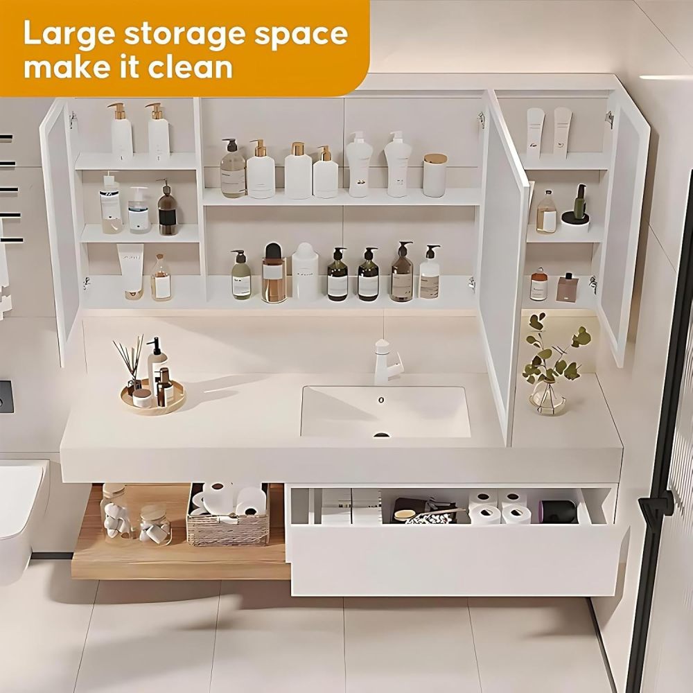 44 inch Bathroom Vanity with Sink - Wall-Mounted Bathroom Vanity Set Includes One Piece Sink & Large Countertop, Defog Mirror Cabinet, Includes Accessories, White A